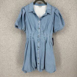 Habitual Girl Chambray Bubble Hem Dress Size 16 Button Front Puff Sleeve NEW